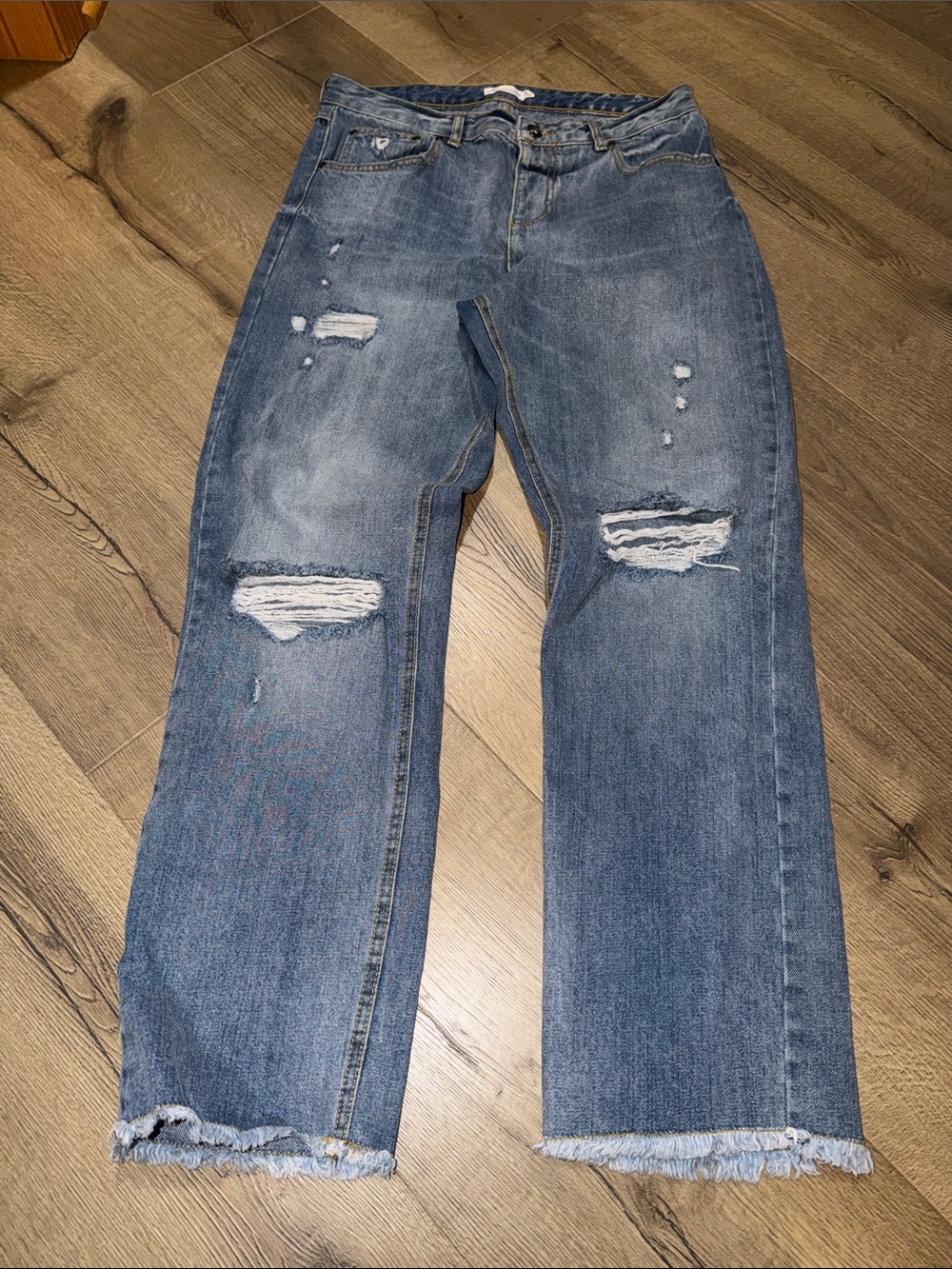Avec Les Filles Light Blue Distressed Straight-Leg Jeans